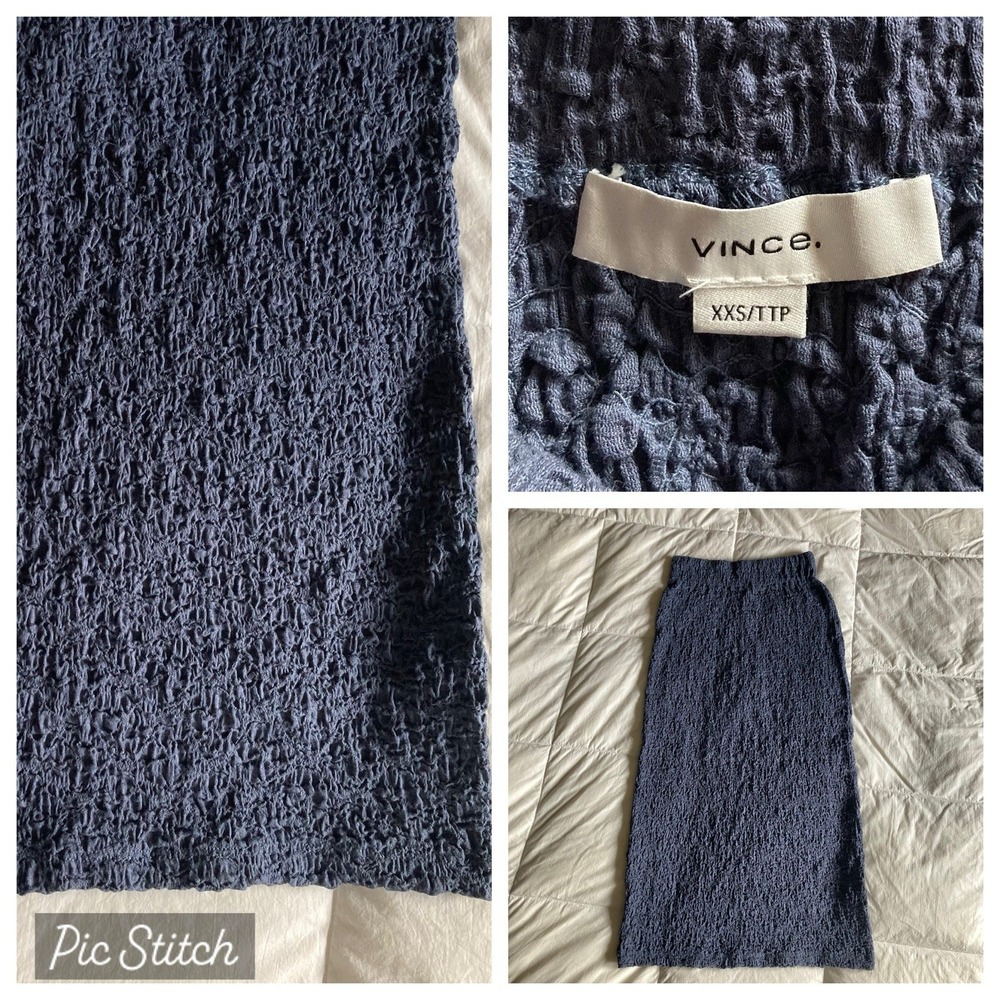 Vince Smocked Cotton Midi Pencil Skirt XXS Coastal Blue Stretch EUC Clean Staple